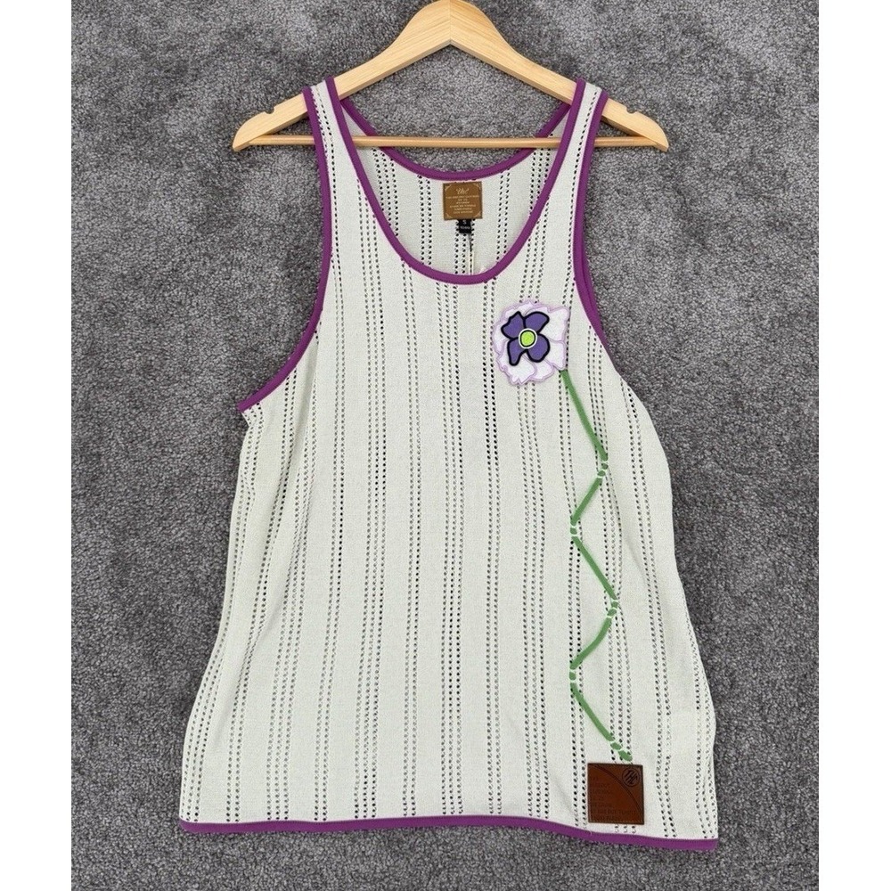 The Hideout Clothing We Grow Tank Top Grey Purple Flower Pointelle Knit Small
